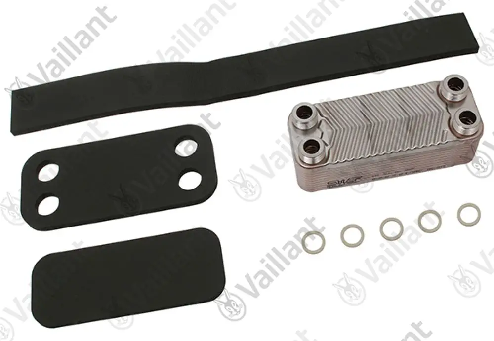 Vailant Wärmetauscher-Set mit verschiedenen Dichtungen und Scheiben. Enthält eine Aluminium-Komponente mit strukturierten Oberflächen für die Rohrverbindung.
